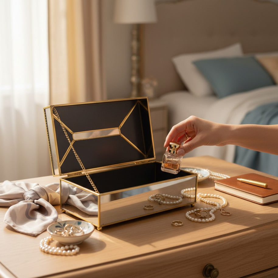 Gold Frame Glass Storage Box – Black Mirror