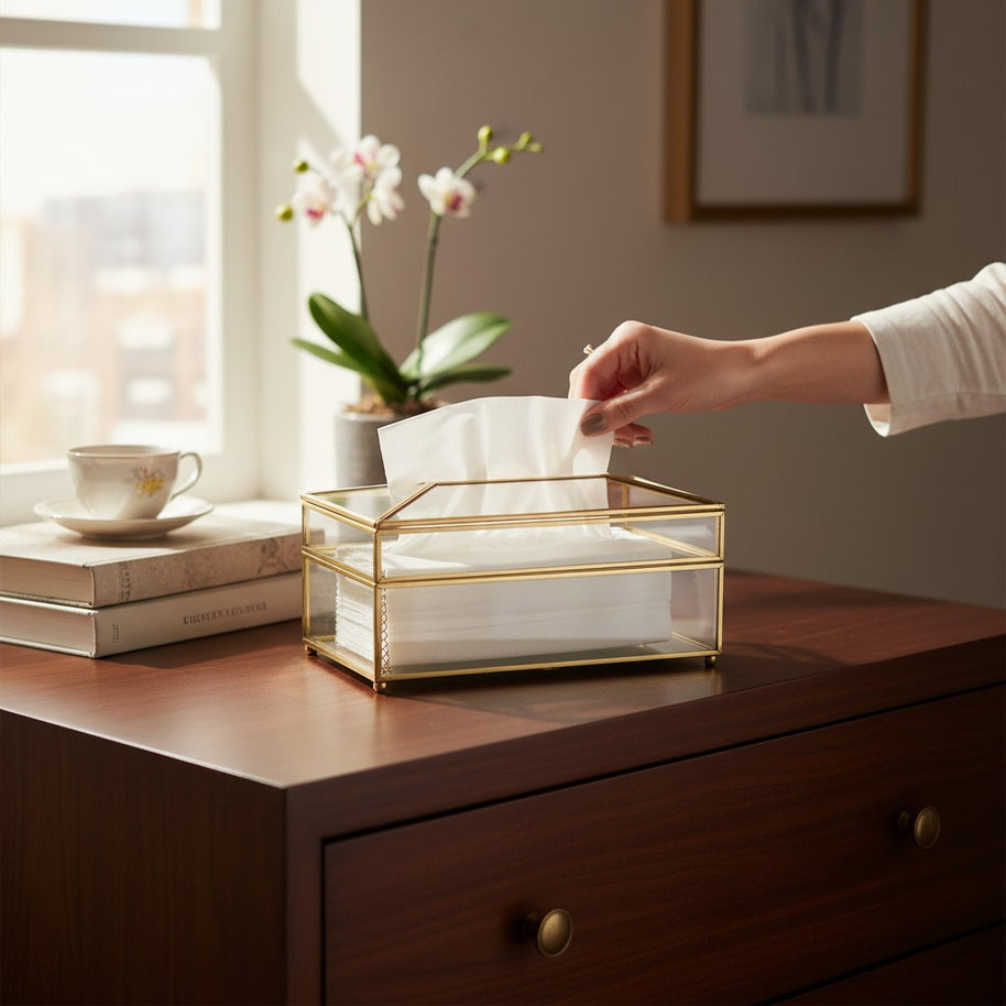Gold Frame Glass Tissue Box – Clear Open