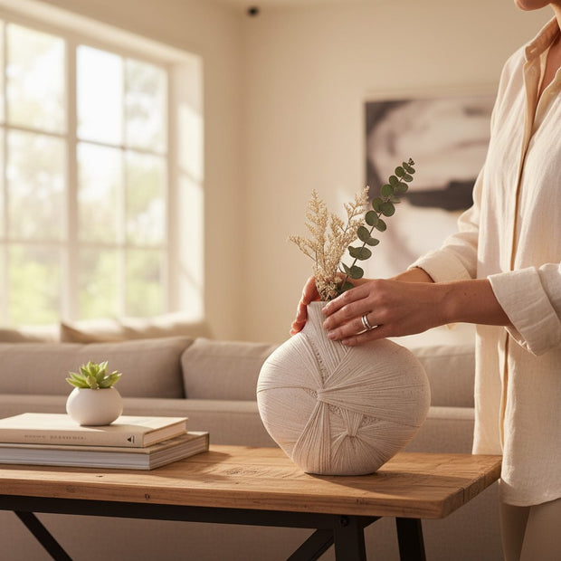 Leaf Vein Oval Vase – Beige