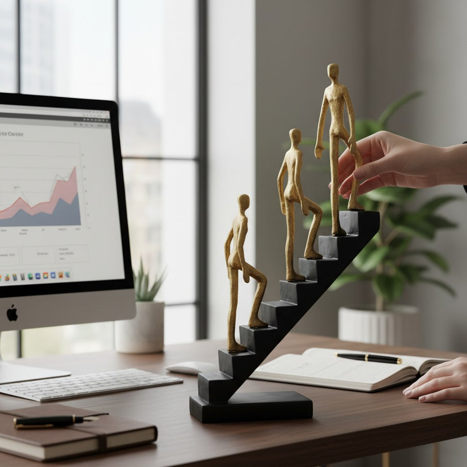 Man Climbing Stairs Sculpture – Gold