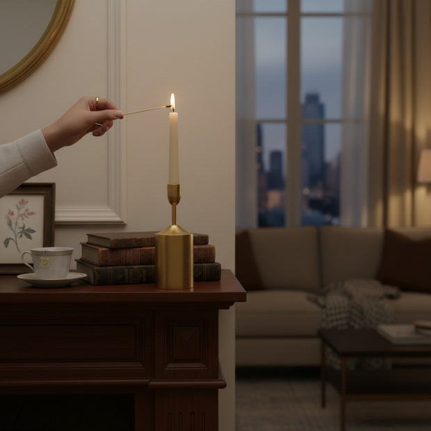 Pillar‑Base Taper Candle Holder – Gold