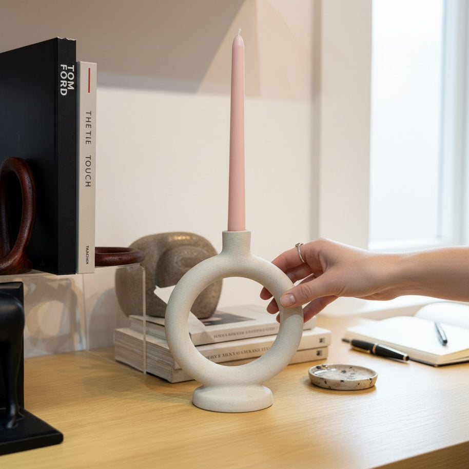 Ring Taper Candle Holder – White Ceramic