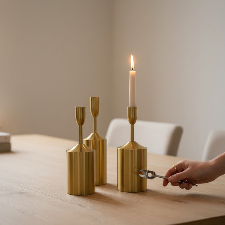 Pillar‑Base Taper Candle Holder – Gold