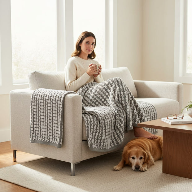 Throw Blanket –  Woven Stripe Pattern in Grey/White