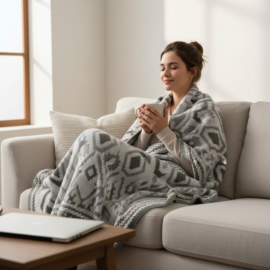 Throw Blanket –  Woven Hexagon Pattern in Grey/White