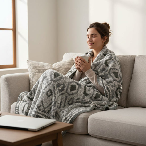 Throw Blanket –  Woven Hexagon Pattern in Grey/White