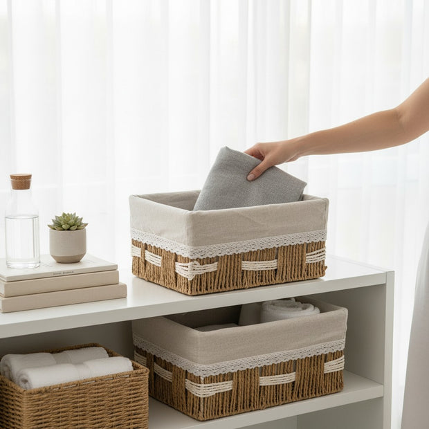 Woven Storage Box with Linen Liner – Medium